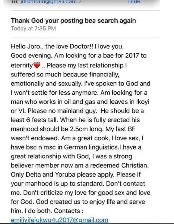 I Need a Man with a Huge Manhood, Lagos Girl Cries Out... See Her Contact